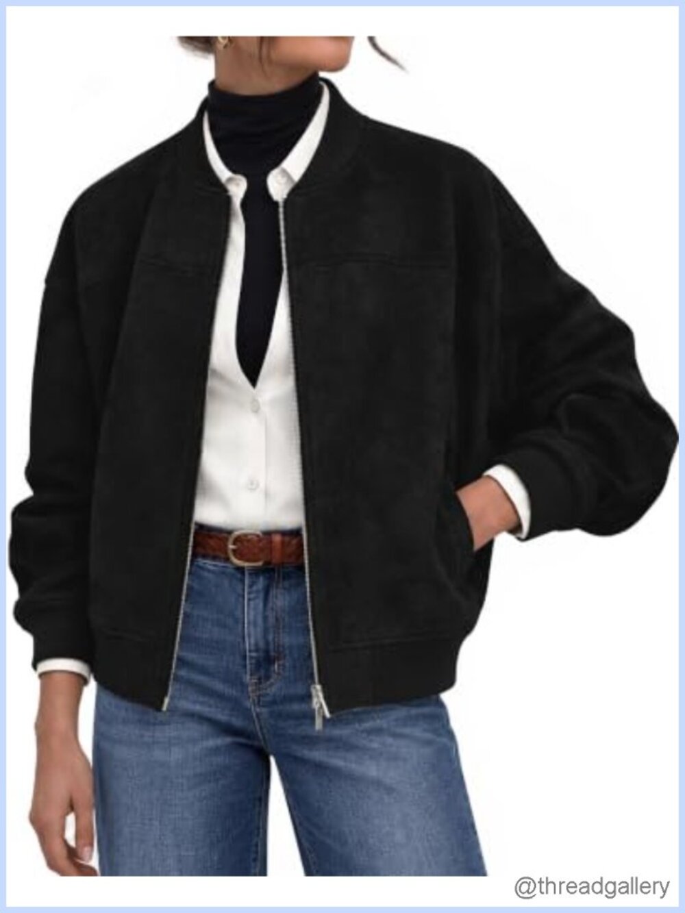 Faux Suede Bomber Jacket Cropped Zip Up Fall Casual Outerwear Women